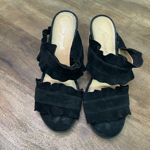 Free People Black Rosie Ruffle Heels Suede Size 39 Open Toe - Picture 3 of 12